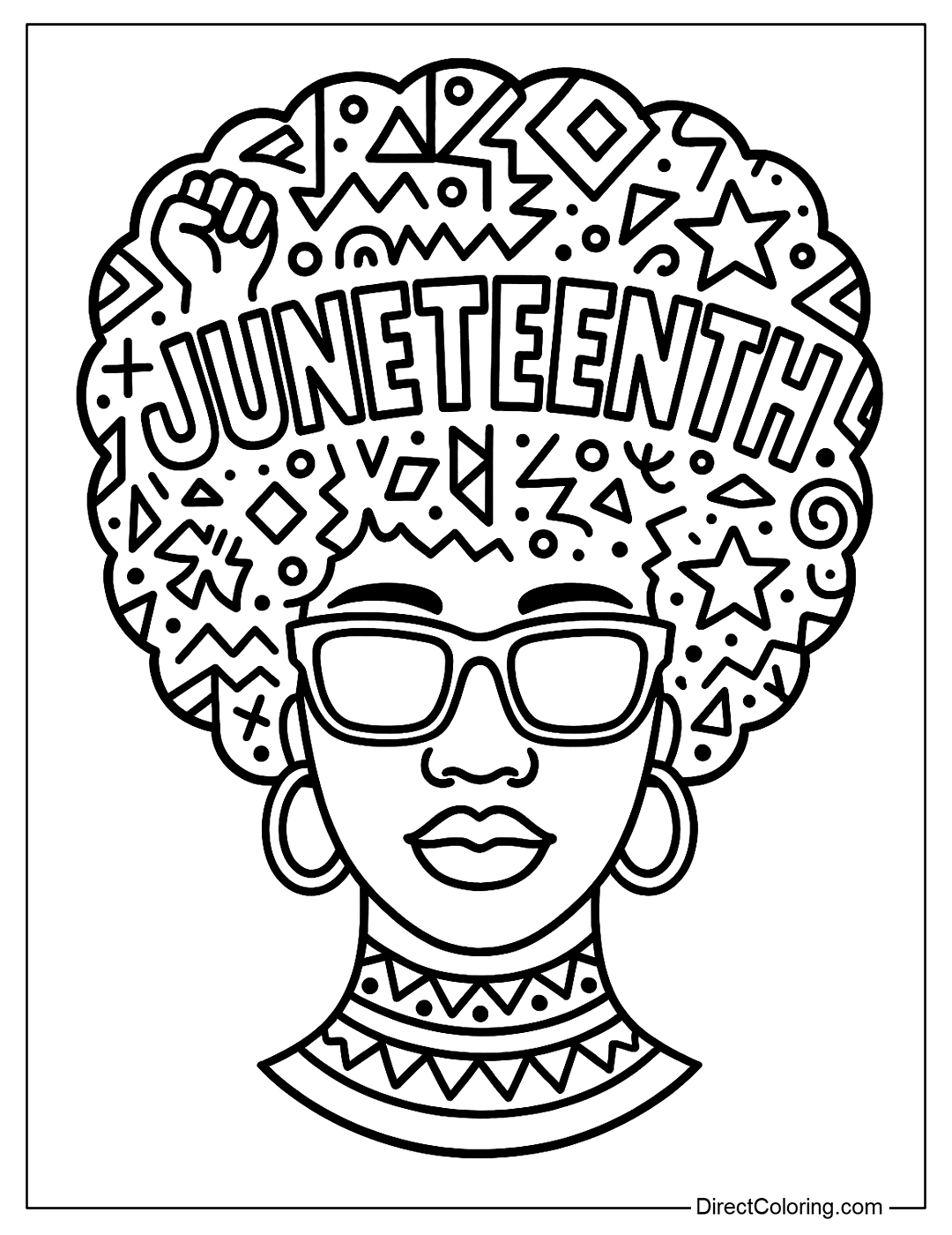 Coloring page of face art with afro hairstyle featuring Juneteenth lettering, symbols and geometric patterns